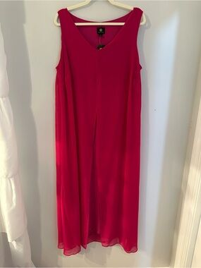 NWT JM Collection Women’s 1X Fuchsia V-Neck Sleeveless Maxi Dress Sheer Overlay